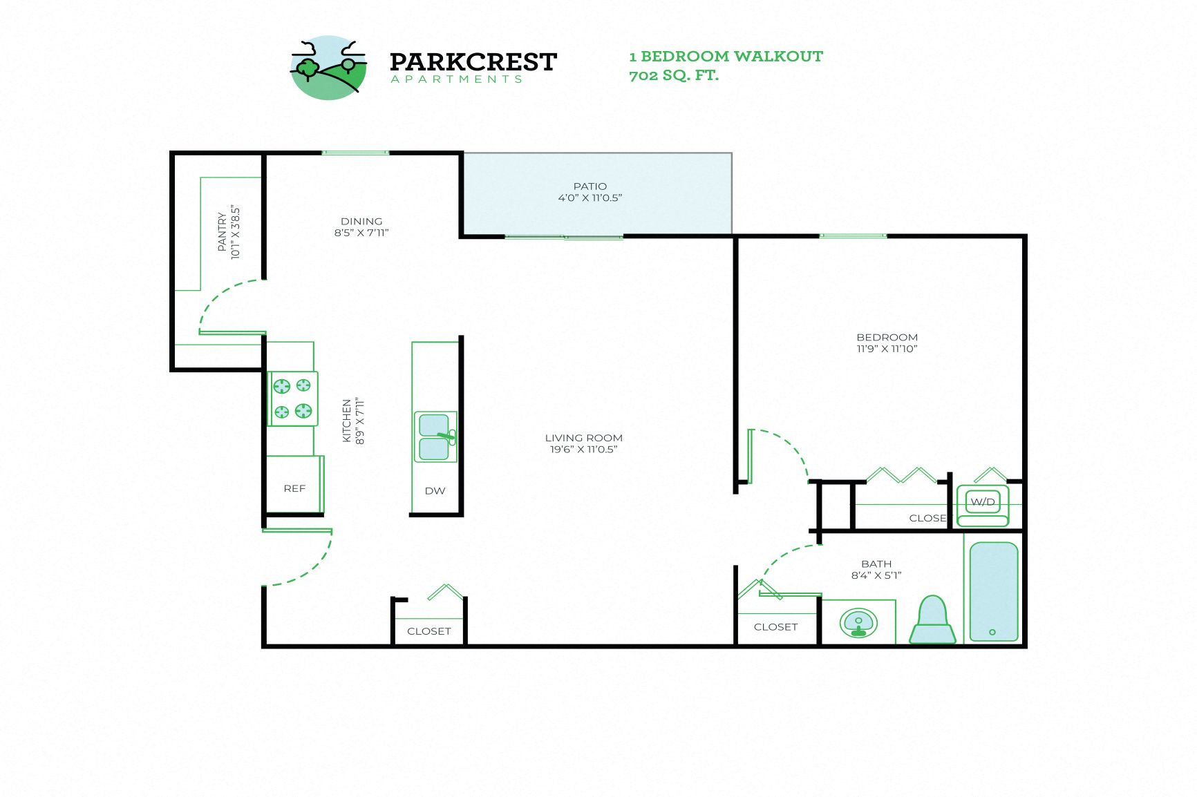 Floor plan for 1 bed, 1 bath, 702 sqft